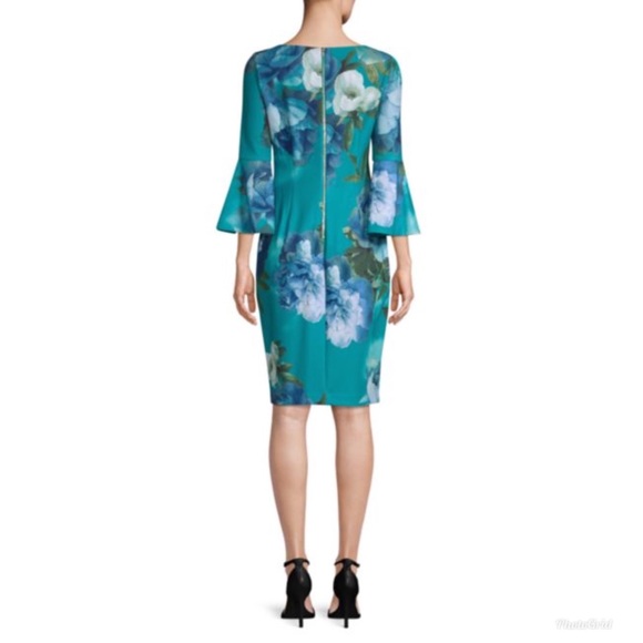 Sold Calvin Klein Floral Bell Sleeve Sheath Dress - Picture 2 of 8